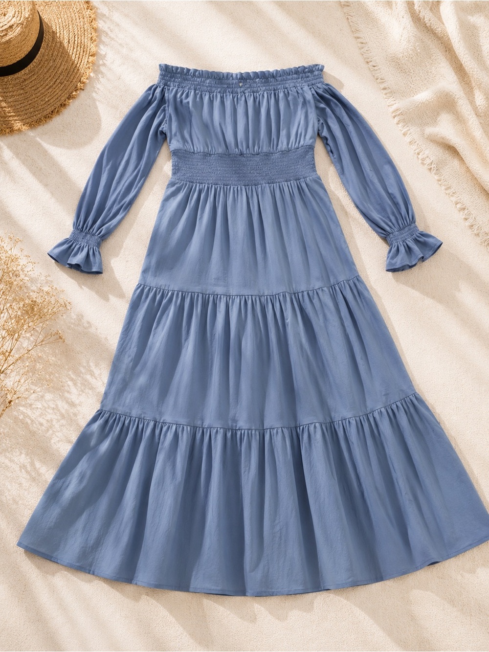Off-Shoulder Blue Tiered Maxi Dress